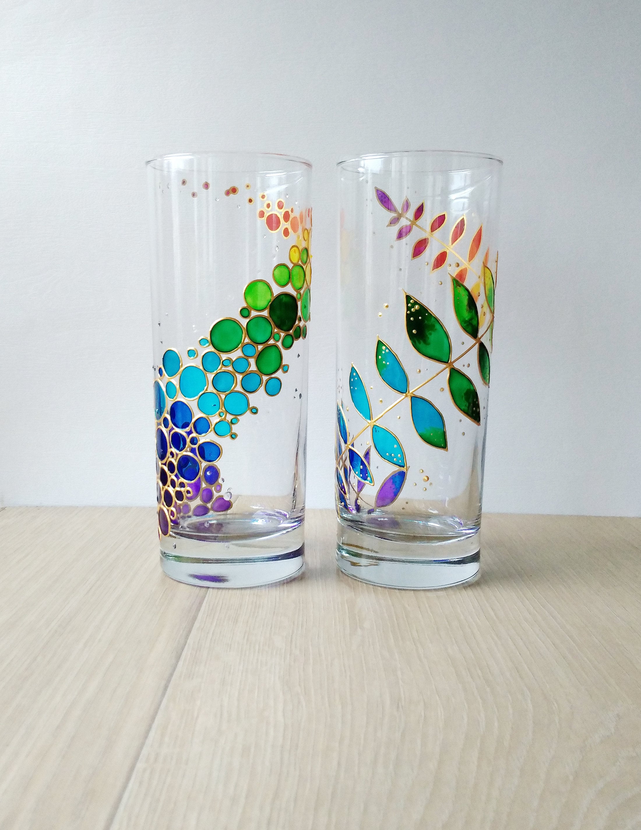 Rainbow Drinking Glasses Set of 2 Hand Painted Floral Colorful Tumblers,  Custom Water Glasses Set for Couple 