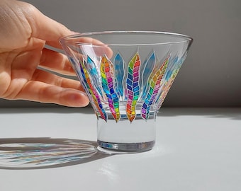 Rainbow stemless martini glass, Hand-painted custom party cocktail glassware