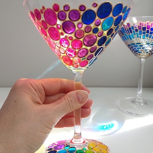 Rainbow martini glass, Hand-painted custom party cocktail glassware