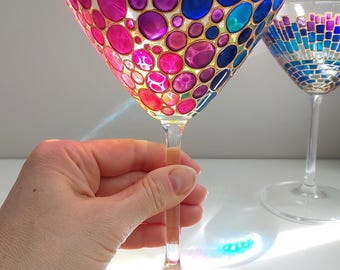 Rainbow martini glass, Hand-painted custom party cocktail glassware
