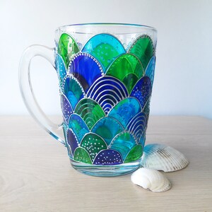 Mermaid blue green glass coffee mug, hand painted mermaid girl gift, Mermaid tail stuff image 8