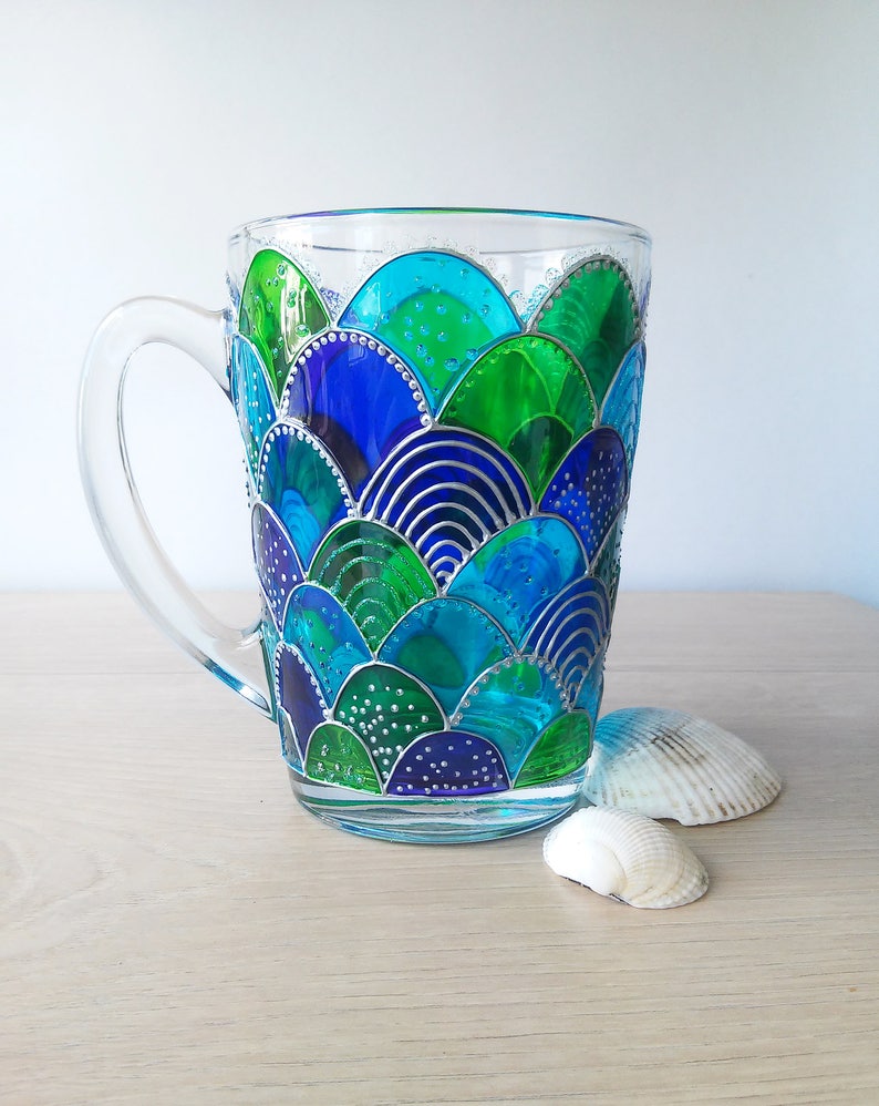 Mermaid blue green glass coffee mug, hand painted mermaid girl gift, Mermaid tail stuff image 8