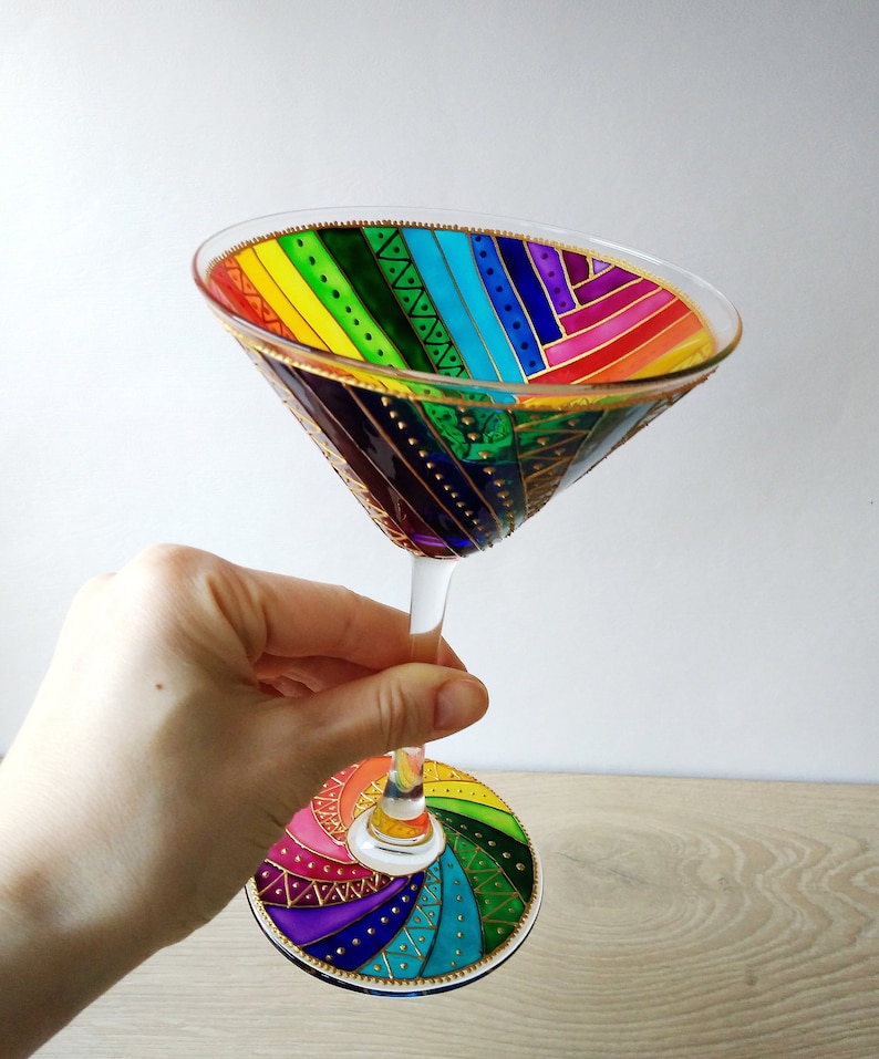 Rainbow martini glass hand painted cocktail glasses rainbow Etsy
