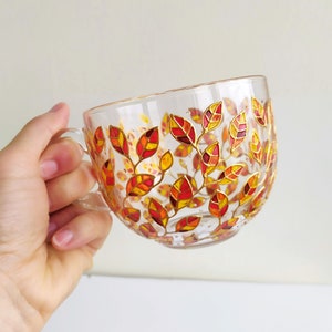 Mug en verre décoré de motifs d'automne, tasse cadeau peinte à la main pour les amoureux de la nature