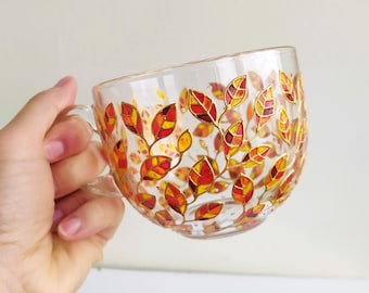 Fall leaves glass mug, hand painted nature lover gift cup