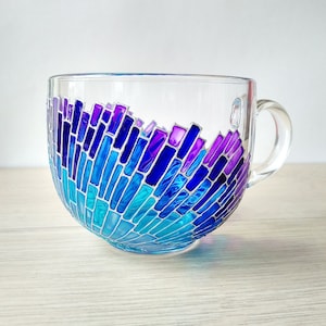 Blue glass mug, mosaic hand-painted glass coffee mug