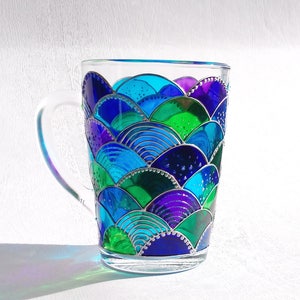 Mermaid blue green glass coffee mug, hand painted mermaid girl gift, Mermaid tail stuff image 10