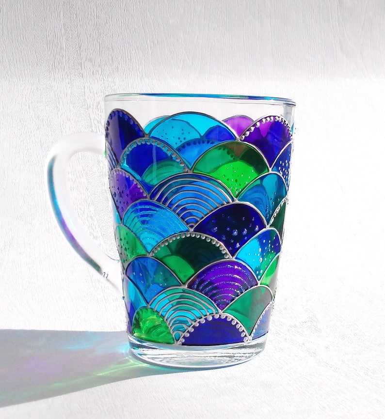 Mermaid blue green glass coffee mug, hand painted mermaid girl gift, Mermaid tail stuff image 10