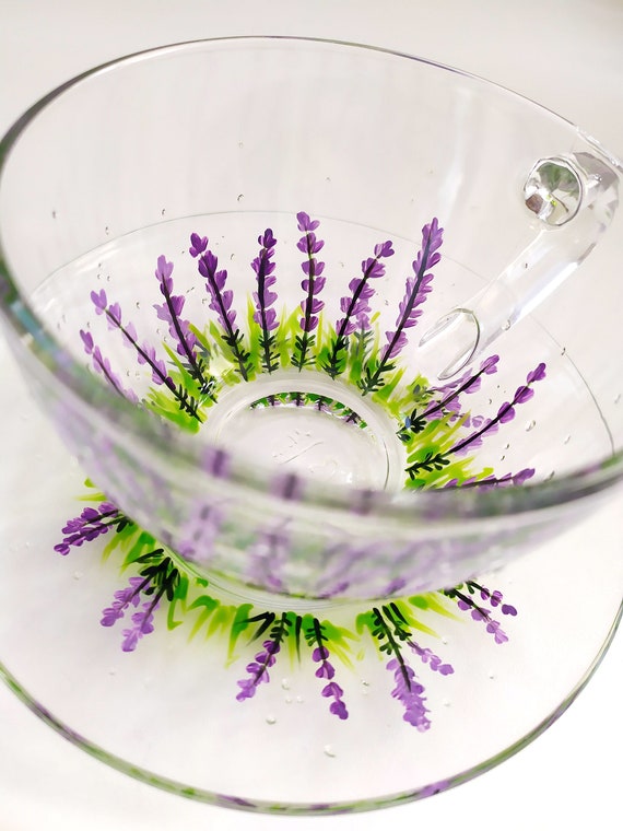 手描きラベンダーティーカップ＆ソーサーセット：花柄ガラスギフト