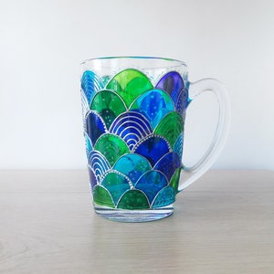 Mermaid blue green glass coffee mug, hand painted mermaid girl gift, Mermaid tail stuff image 7