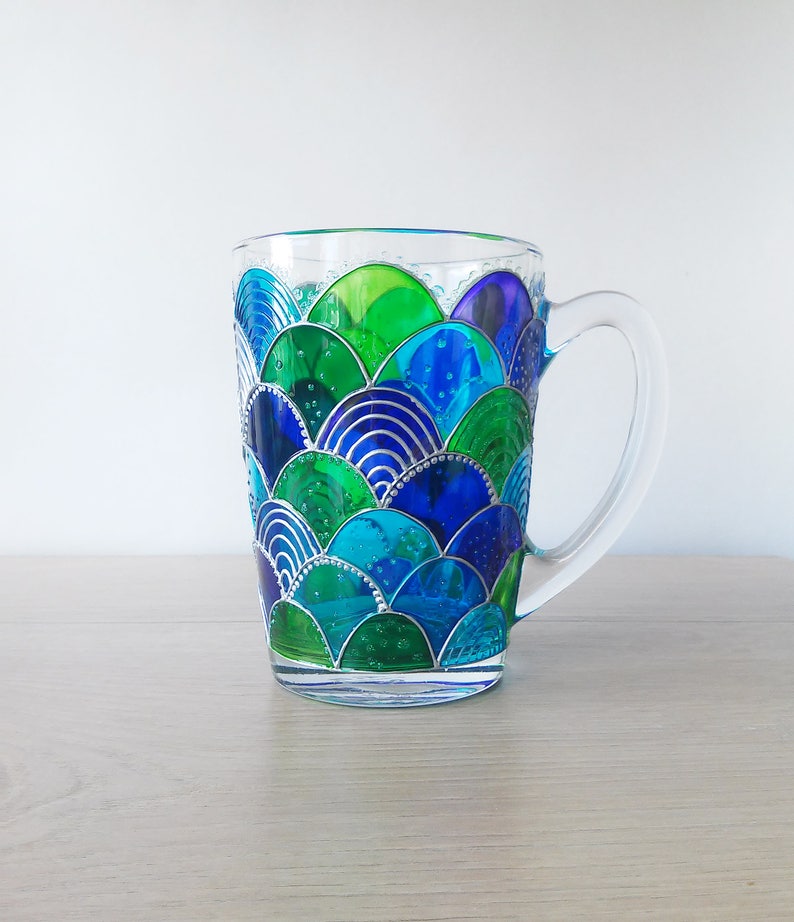 Mermaid blue green glass coffee mug, hand painted mermaid girl gift, Mermaid tail stuff image 7