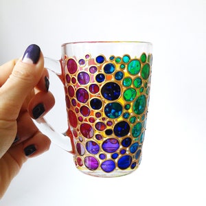 Rainbow coffee mug gift, colorful hand painted glass mug with bubbles design