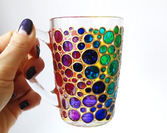 Rainbow coffee mug gift, colorful hand painted glass mug with bubbles design