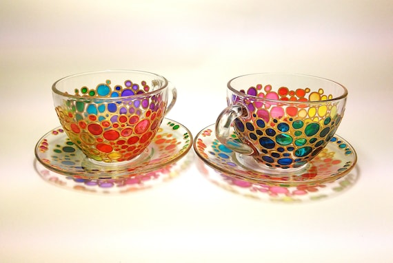 Rainbow Tea Cups & Saucers Set of 4 Painted Glass Cups With 4 