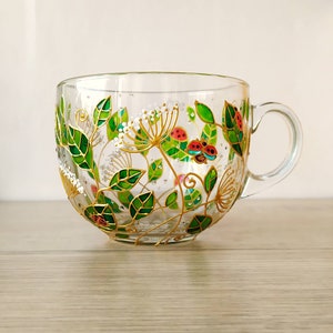 Tropical Glass Mugs Set of 2 Cups, Hand-painted Green Leaves Mugs