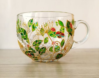 Green glass mug with floral design and lady bug, nature lover gift, hand-painted green leaves  gardening mug