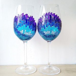 A couple of blue mosaic Sun rays wine glasses, hand painted wine glasses gift