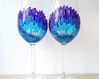 A couple of blue mosaic Sun rays wine glasses, hand painted wine glasses gift