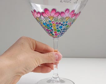 Mosaic Flower martini glass, pink & blue hand-painted wine glass gift, multicolored glassware