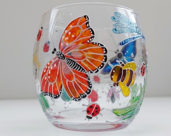 Bugs & beetles stemless wine glass, Insects hand painted glass gift