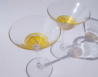 Lemon slice martini glass set of 2, Hand-painted custom fruit cocktail glasses