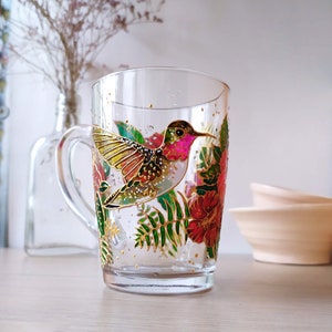 Hummingbird & hibiscus glass mug, Nature beauty inspired hand painted glass cup