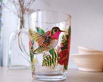 Hummingbird & hibiscus glass mug, Nature beauty inspired hand painted glass cup