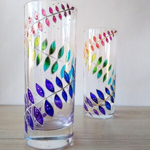 Rainbow drinking glasses set of 2, hand-painted floral couple water glasses, botanical glassware set image 8