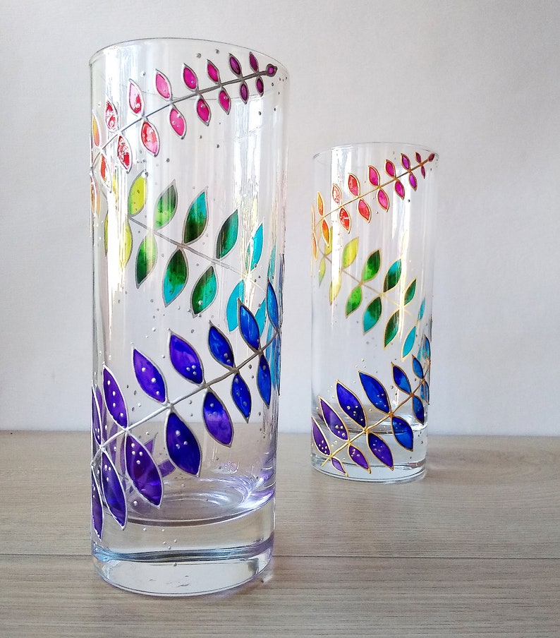 Rainbow drinking glasses set of 2, hand-painted floral couple water glasses, botanical glassware set image 8