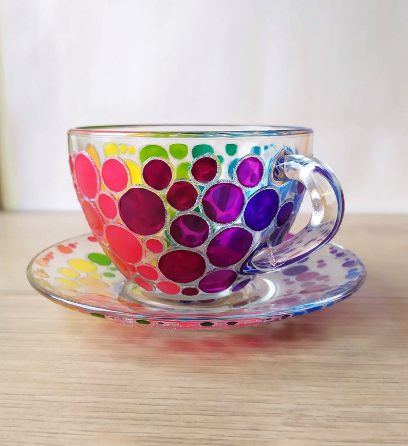 Hand Painted Rainbow Glass Tea Cup and Saucer Set image 4