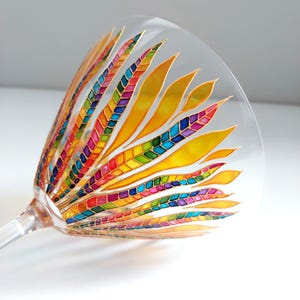 Rainbow feather martini glass, Hand-painted custom party cocktail glassware