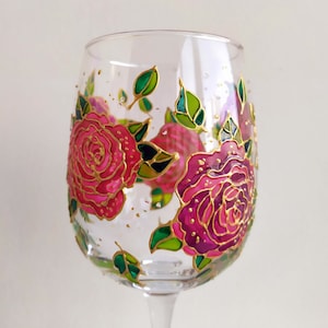 Pink Roses Hand painted wine glass gift