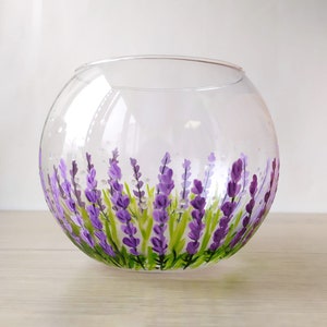 Lavender vase, glass sphere vase, Floral hand painted glassware gift for Her, Provence home decor and tableware