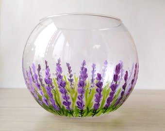 Lavender vase, glass sphere vase, Floral hand painted glassware gift for Her, Provence home decor and tableware