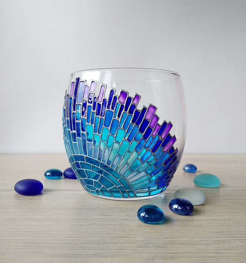 Stemless Blue Wine Glass Custom Hand Painted Wine Glasses Etsy