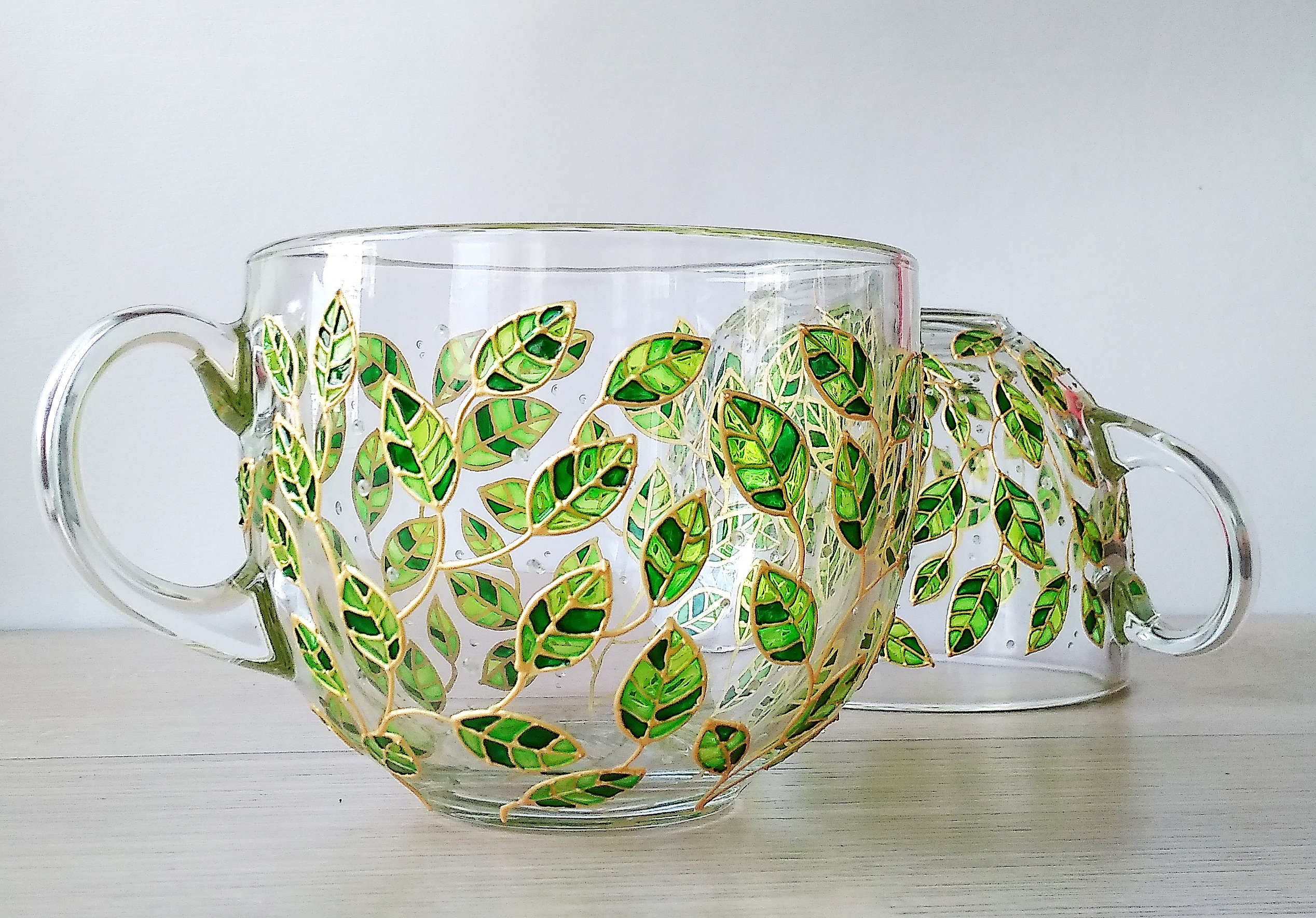 Tropical Glass Mugs Set of 2 Cups, Hand-painted Green Leaves Mugs,  Gardening Tea Cup Set, Nature Lover Mugs 