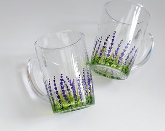 A pair of Lavender glass coffee mugs, Floral hand-painted coffee mug gift, Provence home decor tableware