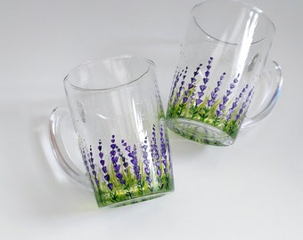 Hand-Painted Lavender Glass Coffee Mugs: Provence Decor, Floral Gift