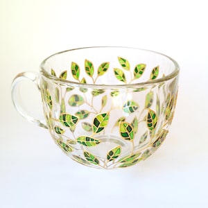 Green mug, nature lover gift, hand-painted floral gardening mug