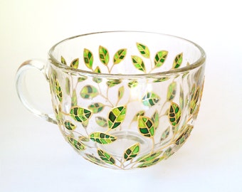 Green mug, nature lover gift, hand-painted floral gardening mug