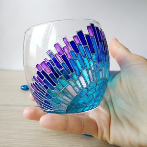 Stemless blue wine glass, custom hand painted wine glasses