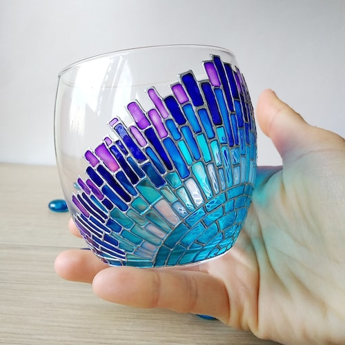 Stemless Rainbow Wine Glass Custom Hand Painted Wine Glasses Etsy