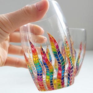 Rainbow feather water glasses set of 2, hand-painted colorful gift glassware