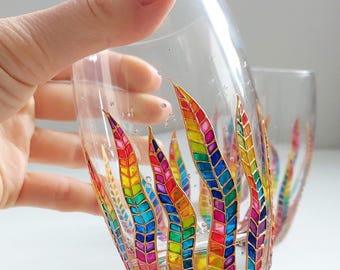 Rainbow feather water glasses set of 2, hand-painted colorful gift glassware