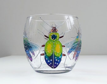 Bugs & beetles stemless wine glass, custom hand-painted insect wine glasses
