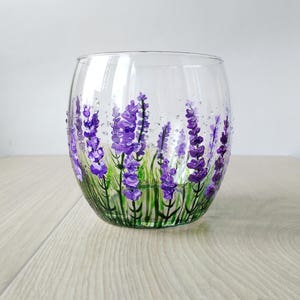 Lavender stemless wine glass, hand painted gift for Her with Purple & Green Flowers, Provence home decor, tableware