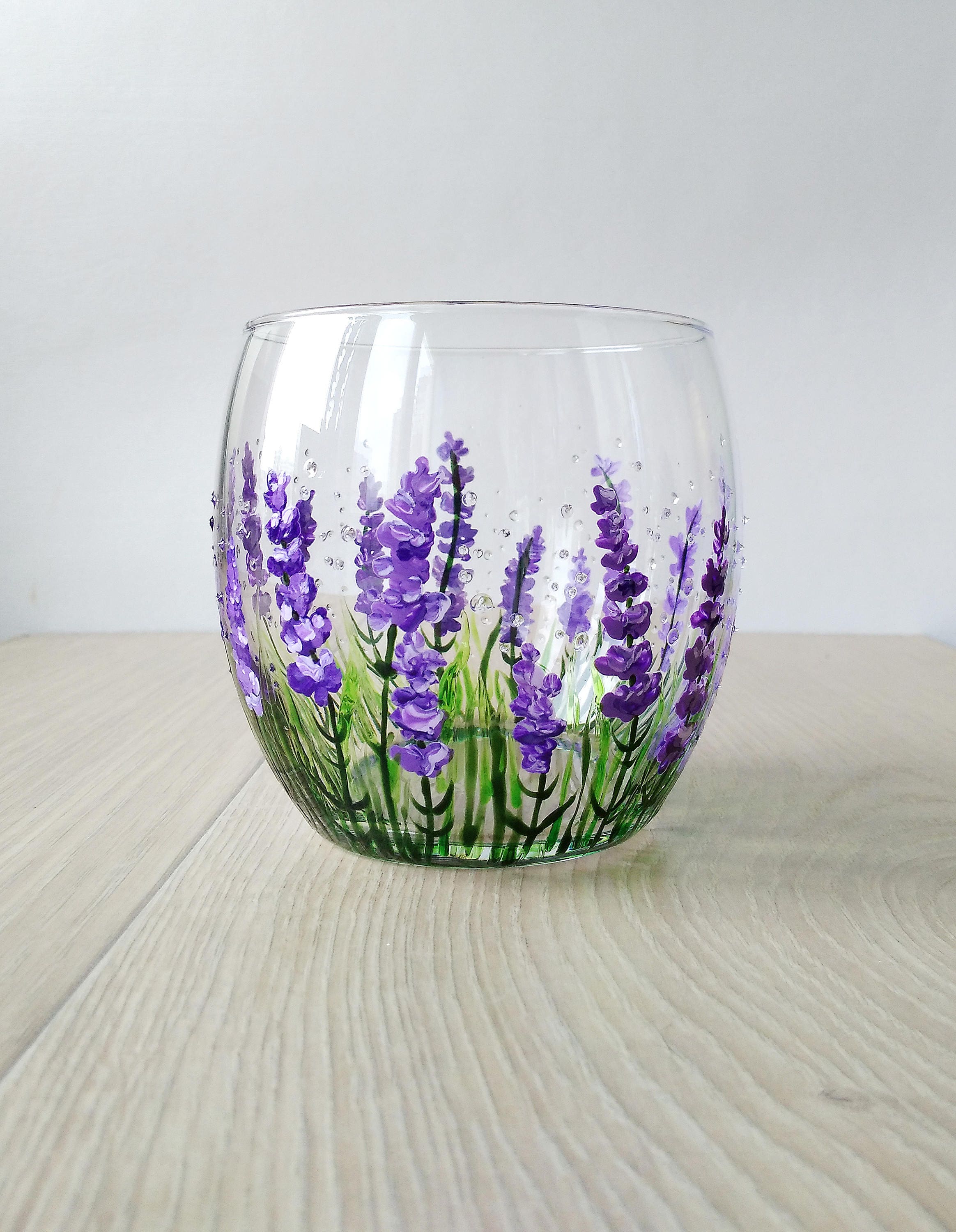 Hand Painted Lavender Flower Stemless Wine Glasses - Set of 4 - 15 ounce