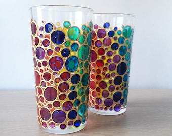 Rainbow drinking glasses set of 2 couple glass hand painted colored tumblers