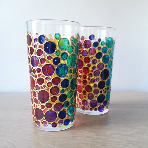 Rainbow Drinking Glasses Set of 2 Couple Colorful Hand Etsy