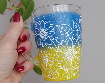 Ukrainian blue and yellow glass mug with ink sunflowers, Nature inspired hand painted glass cup